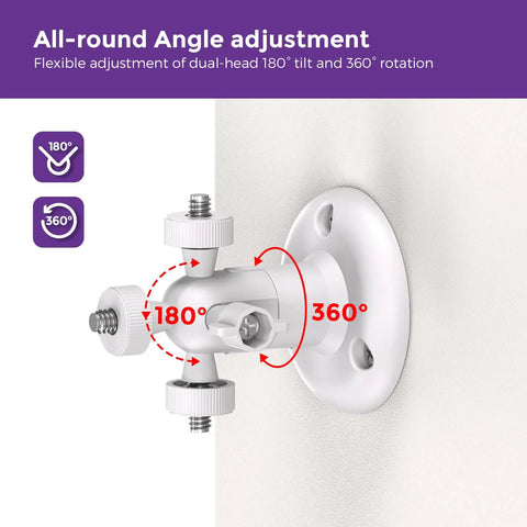 Close-up of 2 Pack No Drill Camera Wall Mount Bracket for Ring and Wyze Security Cameras showing 180° tilt and 360° rotation features.
