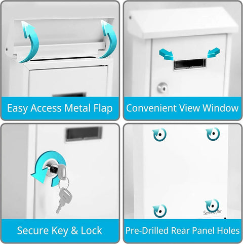 Weatherproof Wall Mount Locking Mailbox with galvanized steel drop box showing metal flap, view window, and key lock.