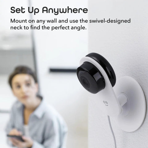 Glimpse Indoor Security Cam, 1080p HD Video, Two Way Audio, mounted on wall for versatile angle adjustment