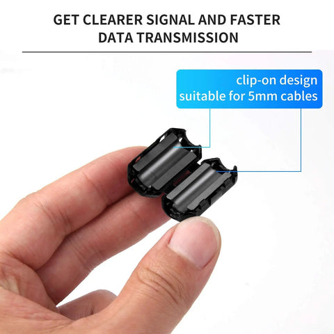 Hand holding 20 Pack Ferrite Ring Core EMI RFI Noise Suppressor Clips for Cables, 5 mm size, black cover, reduces interference.