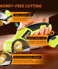 JCCHJTX 4V Cordless Electric Scissors With Led Light demonstrating LED and safety features for cutting leather.