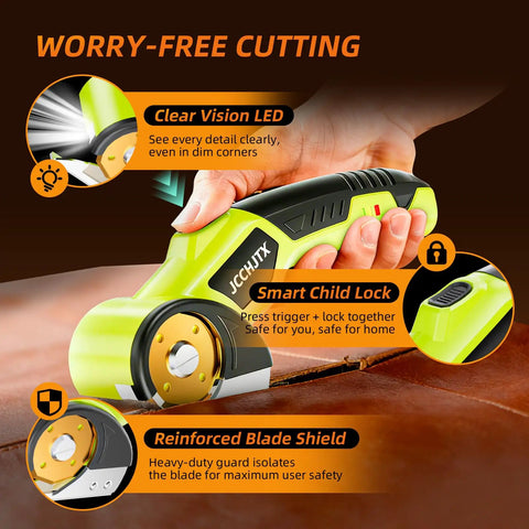 JCCHJTX 4V Cordless Electric Scissors With Led Light demonstrating LED and safety features for cutting leather.