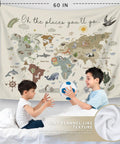 Boho Kids World Map Tapestry Wall Hanging For Classroom And Nursery Educational Geography Decor With Animal Continents Learn At A Glance 50 By 60 Inches Kid Friendly Vibe Cozy Learning Space with two children playing in front