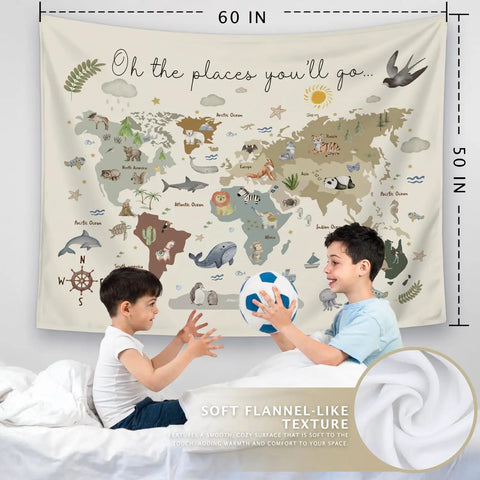 Boho Kids World Map Tapestry Wall Hanging For Classroom And Nursery Educational Geography Decor With Animal Continents Learn At A Glance 50 By 60 Inches Kid Friendly Vibe Cozy Learning Space with two children playing in front