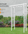 White PVC Garden Arbor Wedding Arch For Ceremony And Party Outdoor Garden Trellis in rain, showcasing durability and weather resistance