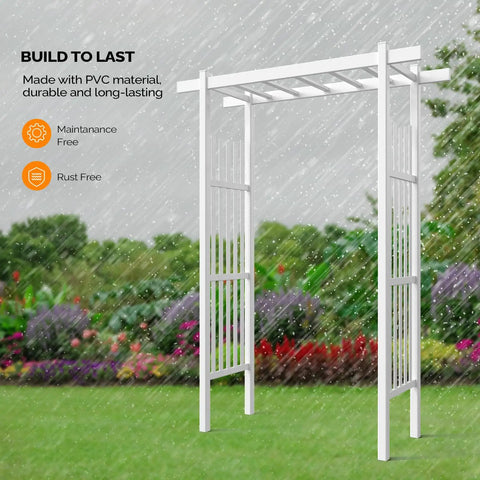 White PVC Garden Arbor Wedding Arch For Ceremony And Party Outdoor Garden Trellis in rain, showcasing durability and weather resistance