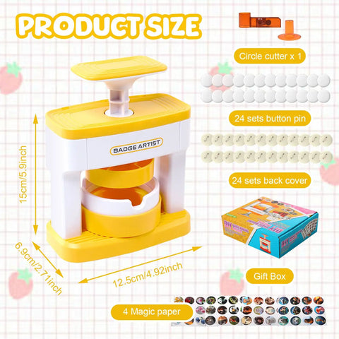 DIY Button Maker Kit With 55 Mm Pin Badges includes badge maker, 48 button parts, circle cutter, gift box, shown with dimensions.
