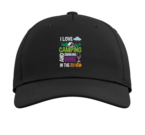 Love Camping And Sippin' Wine In The RV Adjustable Printed Baseball Hat Black Five Panel Structured Cap with graphic text