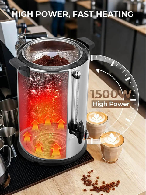 Large-Capacity Commercial Coffee Urn Dispenser 15 L Keeps Beverages Hot, 150 Cups Per Hour Quick Brew With Dripless Faucet, 1500W Power