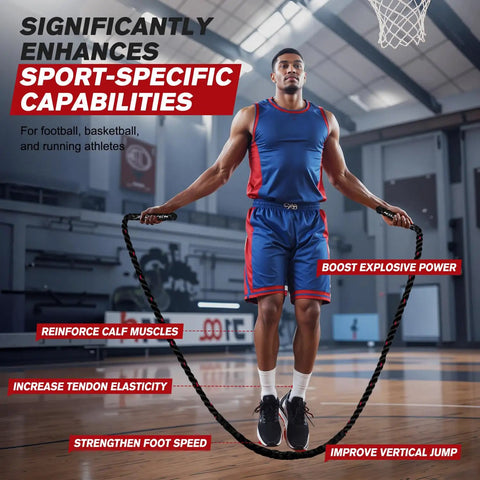 Heavy Weighted Jump Rope For Full Body Workout 9.2ft Length 2.8lb Rope For Cardio Burn And Fitness Boxing Training Home Gym Get Shredded And Build Muscle For Men in use by an athlete in a gym setting