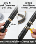 Comparing quick connectors and hose clamps for Power Washer Hose Nozzle With Adjustable Sprayer Patterns For Home And Auto Wash.