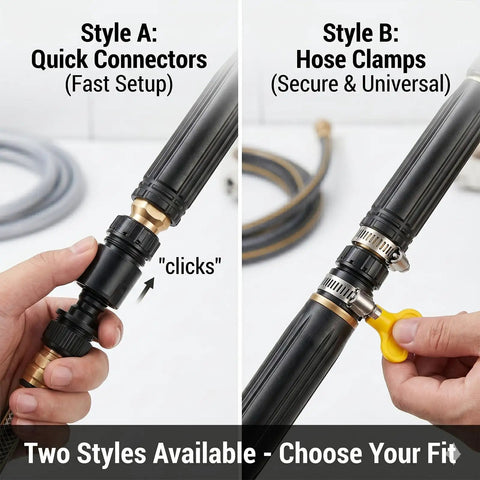 Comparing quick connectors and hose clamps for Power Washer Hose Nozzle With Adjustable Sprayer Patterns For Home And Auto Wash.