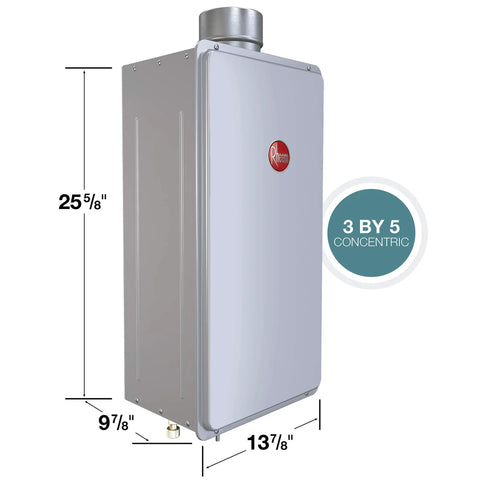 Indoor Natural Gas Tankless Water Heater Serves Up A Smooth Seven GPM Stream dimensions 25 5/8 x 9 7/8 x 13 7/8 inches with concentric venting.