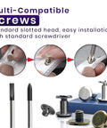 Installation steps for Gunmetal Black M5 Leather Chicago Screws Set, 100 Pieces, Mega Size Kit With M5 4mm to 10mm, showing tools and screws.