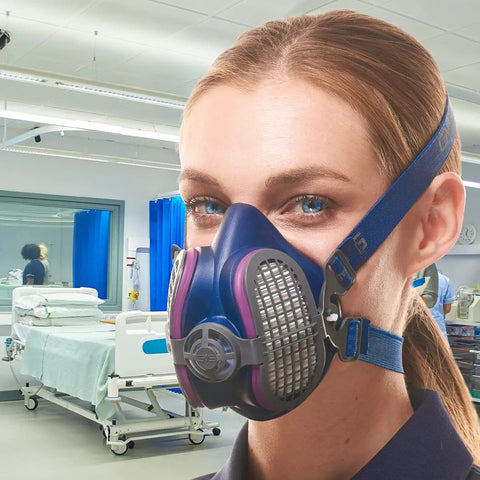 Elastomeric Half Mask Respirator With Source Control No Exhalation Valve Replaceable HEPA Filters Included Lightweight 4.5 oz in use