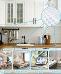 Clear Cabinet Door Bumpers Kit, 61 Pieces Self Adhesive Soft Rubber Pads In Four Sizes, shown in kitchen and different rooms