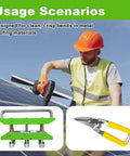 Worker using a Three Station Edge Roller Bender for roofing sheet metal, includes tin snips and aluminum handle.