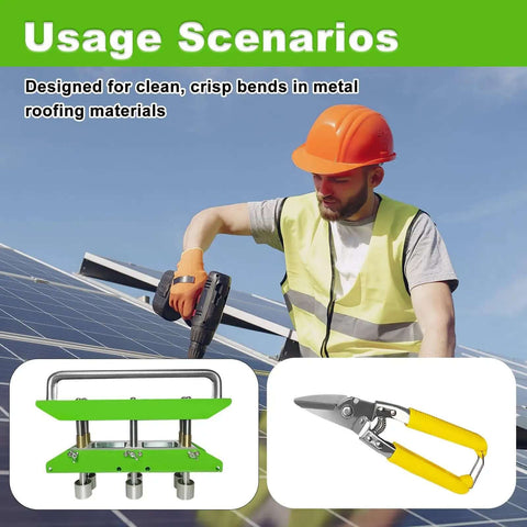 Worker using a Three Station Edge Roller Bender for roofing sheet metal, includes tin snips and aluminum handle.