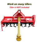 Beefy 41 Lb 3 Point PTO Shaft With Slip Clutch For Rotary Tillers attached to a red tiller, not included