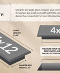 How-to measure guide for Oriental Style Floor Register 4x12 Inches Rubbed Bronze Finish 8 Pack, showing dimensions for grate and damper box.