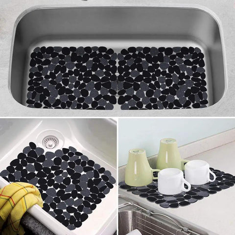 Pebble Kitchen Sink Mats Set Black 2 Pack PVC Sink Protectors for stainless steel sinks, displayed in various uses.
