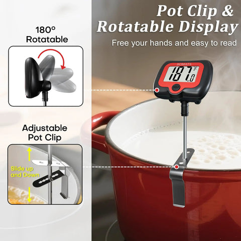 Digital Candy Thermometer With Pot Clip And Rotatable Display Long Probe For Candy Making And Deep Frying Cooking And Liquids Like Sugar Water Oils Candies And More Black shown clipped to pot.