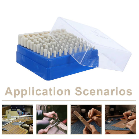 Pro 100 PC Mounted Mandrel Polishing Wheel Set With Beige Wool Felt Buffing Heads Designed For Rotary Tools To Make Your DIY Projects Look Total Fresh With Super Smooth Finish And Secure Fast 3mm Shank in a blue storage case.