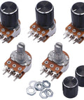 Five Pack 10K Ohm Rotary Potentiometers With Split Shaft And Knurled 6mm Shaft Linear Type B Dual Taper Audio Potentiometer 6 Pins Mounting Thread 7mm Base 16mm Includes Five Knobs For DIY Audio Gear, showing potentiometers with knobs and washers.