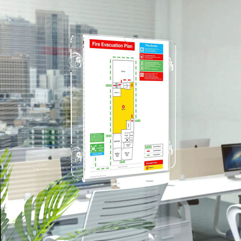 Clear Acrylic Window Sign Holder With Suction Cup 8.5 X 11 Inches displaying fire evacuation plan