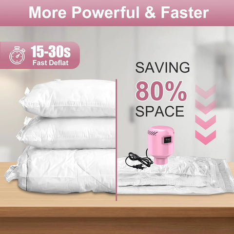 Pink electric vacuum pump for storage bags with power cord beside vacuum-sealed bags and pillows