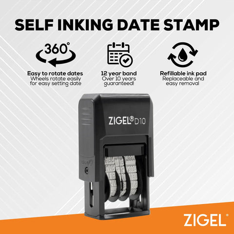 Top Tier Self Inking Date Stamp With Smooth Rotating Wheels And Refillable Red Ink Pad Built Tough, black design with rotating date wheels.