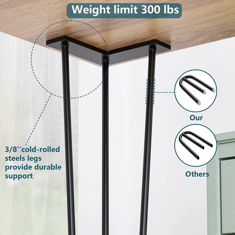 18 Inch Hairpin Table Leg Set Of 4 With Solid Rods Metal Desk Legs attached under a wooden tabletop, showcasing durable steel construction.