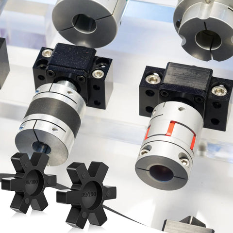 Four black NBR rubber spider inserts for L-jaw coupling; solid center, six-arm star shape.