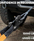 Three Eighths Inch Winch Hook Heavy Duty Forged Steel With Safety Latch, connected to ATV with synthetic rope.