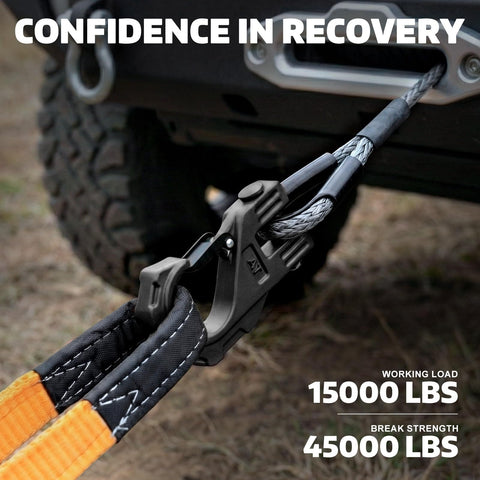 Three Eighths Inch Winch Hook Heavy Duty Forged Steel With Safety Latch, connected to ATV with synthetic rope.