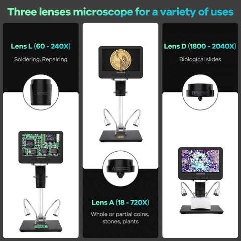 3 Lens UHD Digital Microscope With 2160P HDMI Output And 2000X Magnification For Adults Dope For Soldering Repairs, Coins, Plants, And Biological Slides Crisp Live View For Pro Like Inspection, with stand and dual lights