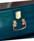 Close-up of gold Retro Style Lock Latch Clasp Kit For Wooden Boxes And Jewelry Cases Secure Closure Hardware on green box lid