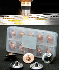 High Speed 28mm Fiber Laser Nozzle Set 5 Pcs Double Layer Caliber D28 H15 M11 with displayed nozzles in plastic case.