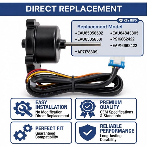 Upgraded 4-Pin Refrigerator Condenser Fan Motor 12VDC 1A Replacement, 2200RPM Cooling Fan shown with wires and model numbers