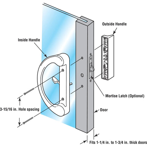Diagram of C 1224 Sliding Patio Door Handle Set Black Diecast Mortise Style Non Keyed Replacement For Old Or Damaged Doors Fits 3 15/16 Inch Hole Spacing Reversible