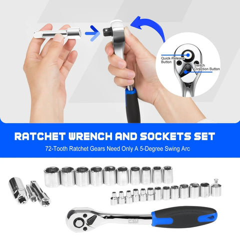 Close-up of ratchet wrench and sockets from Massive 269 Piece Home And Auto Tool Set With Drawer Box in blue.