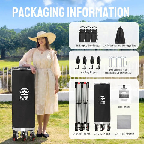 Woman with packaged Pop Up Canopy Tent 10x20 Instant Outdoor Shelter For Parties And Weddings, showing included accessories.
