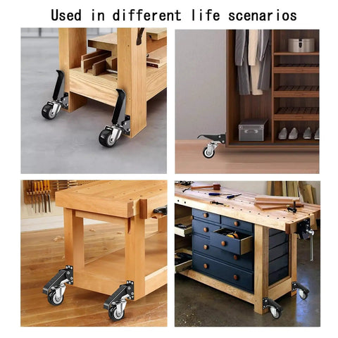 Heavy Duty Retractable Workbench Casters Kit With Smooth Rolling Polyurethane Wheels And No Jiggle Adjustable Leveling Glides used on various workbenches.