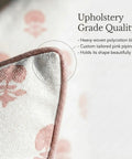 Floral Block Print Pillow Cover In Blush Pink And Off White For Cozy Grandmillennial Decor 20x20 Decorative Throw Pillow Case With Durable Upholstery Fabric Tailored Light Pink Piping And Vintage Chic Vibe, close-up corner