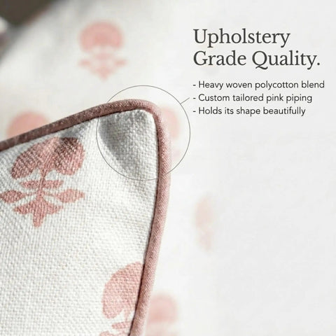 Floral Block Print Pillow Cover In Blush Pink And Off White For Cozy Grandmillennial Decor 20x20 Decorative Throw Pillow Case With Durable Upholstery Fabric Tailored Light Pink Piping And Vintage Chic Vibe, close-up corner