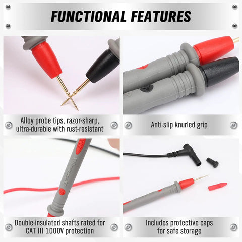 Two Piece Multimeter Test Probes Kit With Ultra Sharp Alloy Tips CAT III 1000V 20A Leads featuring safety and grip features