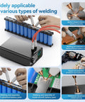 9000W Battery Spot Welder With Dual Pulse Output welding various battery types, showcasing rotary knob dial and foot pedal control