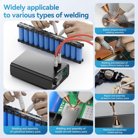 9000W Battery Spot Welder With Dual Pulse Output welding various battery types, showcasing rotary knob dial and foot pedal control