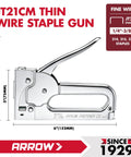 JT21CM thin wire staple gun with chrome finish for light duty upholstery and crafts. Measures 6 x 3.7 inches. For 1/4, 5/16, 3/8 inch staples.