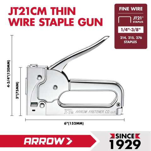 JT21CM thin wire staple gun with chrome finish for light duty upholstery and crafts. Measures 6 x 3.7 inches. For 1/4, 5/16, 3/8 inch staples.